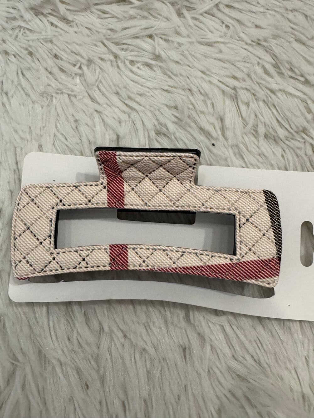 Fashion large white and red plaid hair claw clip with beige background